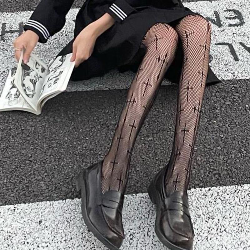 Women Dark Gothic Fishnet Pantyhose Punk Crosses Pattern Mesh Tights Stockings for Cosplay Party and Casual Wear