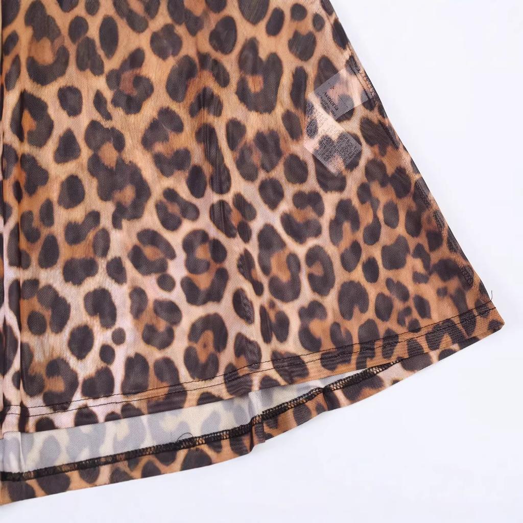 Spring and summer new fashion temperament classic leopard print round neck long sleeve mesh slim long dress