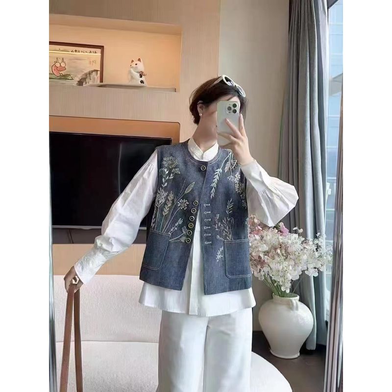 

Quiet Big Female Owner! Wheat Embroidered V-neck Single-Breasted Wash Denim Blue I-Shaped Vest Spring and Autumn Outerwear Royal Blue L