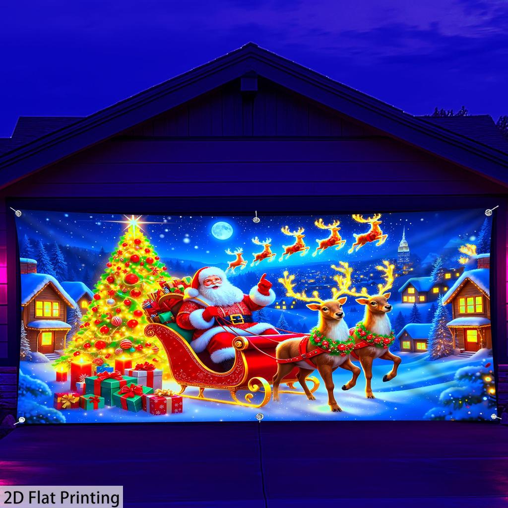 2D flach 1 Stück Weihnachten Polyester-Banner, Weihnachtsmann und Rentier Garagentor-Dekoration, geeignet für Feiertagsdekoration