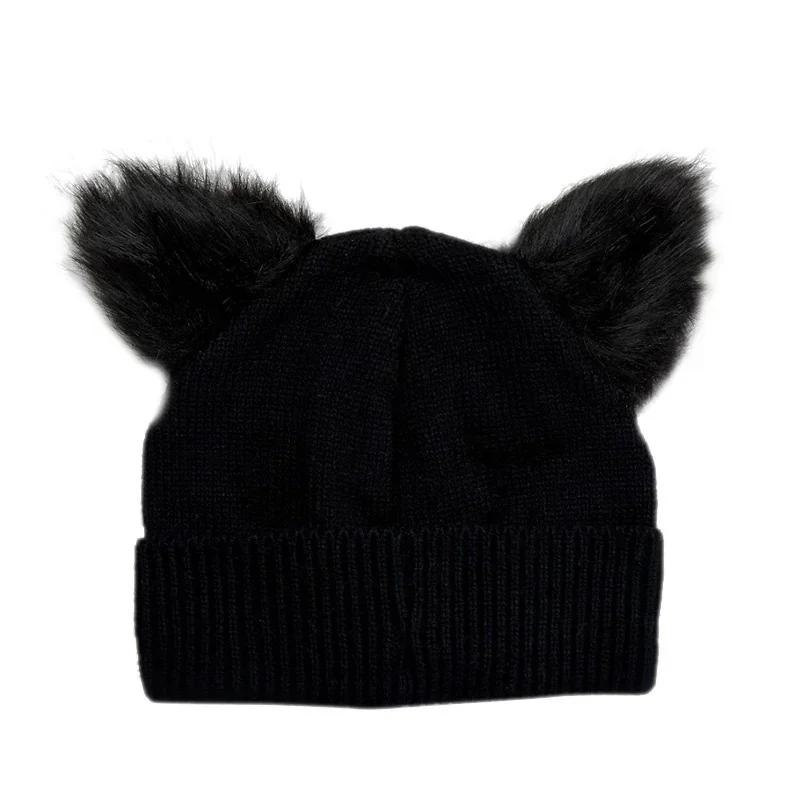 Womens Warm Winter Hat Wool Knitted Cat Ear Faux Mink Hat Skull Fur Pom Pom  Womens Beanie Hat for Women