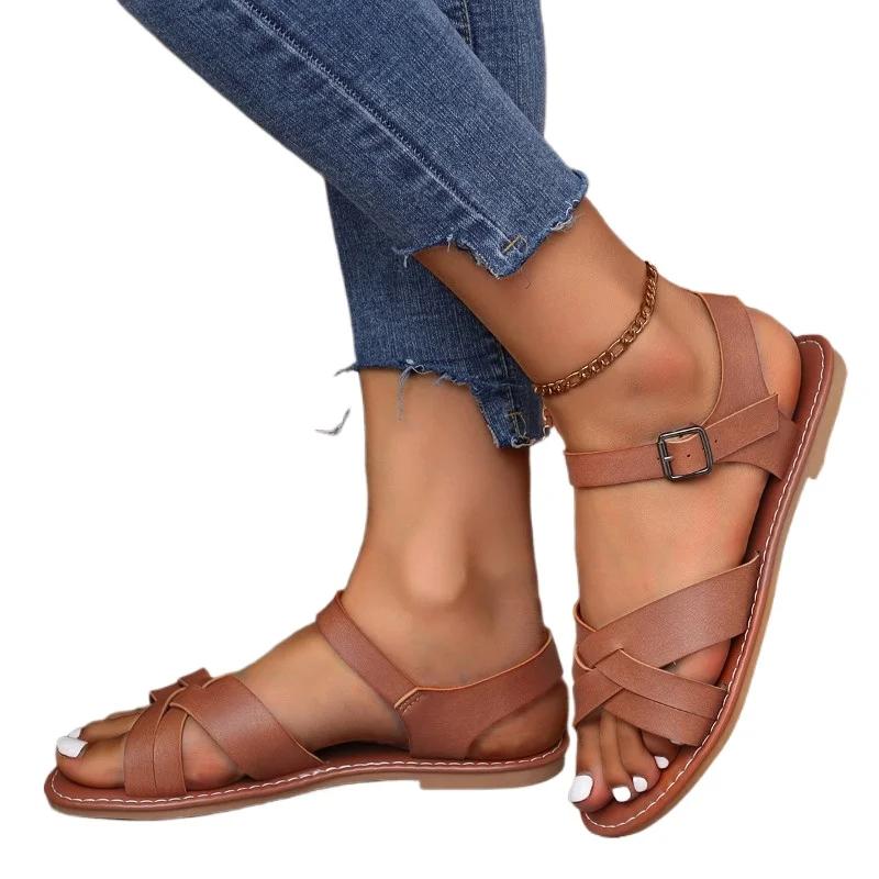 Pantofi de damă la modă 2024 Vânzare fierbinte Sandale de damă cu curea pe gleznă Sandale plate casual de vară cu cataramă în stil roman pentru exterior, plajă, mărime mare