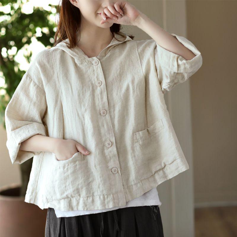 2025 Retro Women’s Cotton Linen Hooded Cardigan - Loose, Thin, Long Sleeve, Sun Protection, Short Jacket for Spring/Summer
