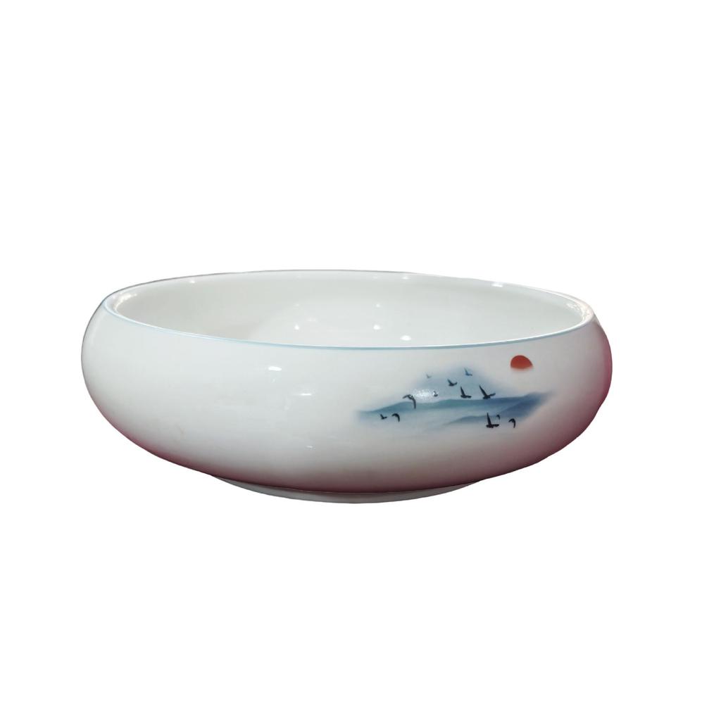Artistic Ceramic Drum Bowl for Pickled Fish & Noodles - Lotus Design