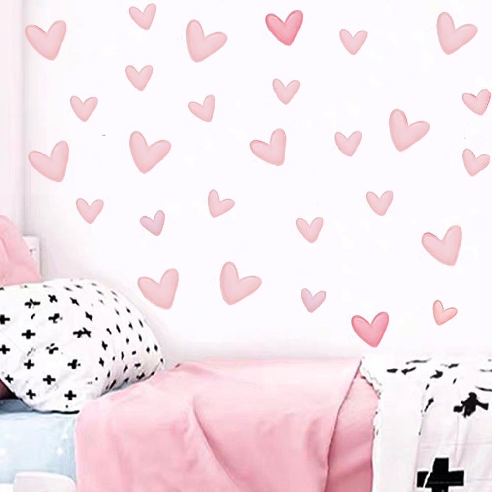 60pcs=6 Sheets Pink Heart Wall Stickers Big Small Hearts Art Wall Decals for Children Baby Girls Room Nursery Wallpapers Decor