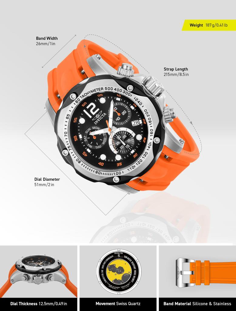 Invicta Freizeit-Uhr Speedway Schweizer Quarz Edelstahl Polyurethan Orange Herren & (Modell 20072)