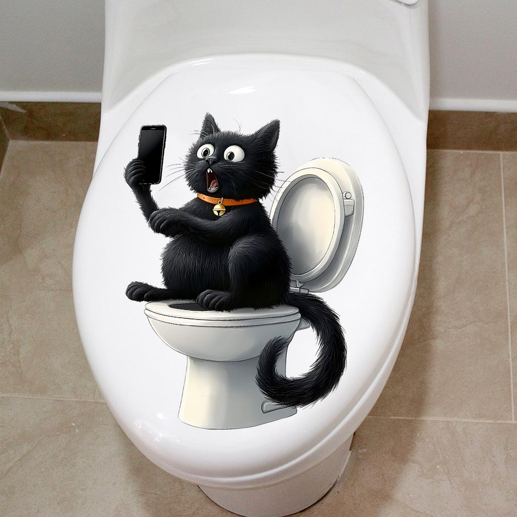 Cute Cartoon Cat PVC Toilet Sticker Self-Adhesive Removable for Bathroom Wall Decor