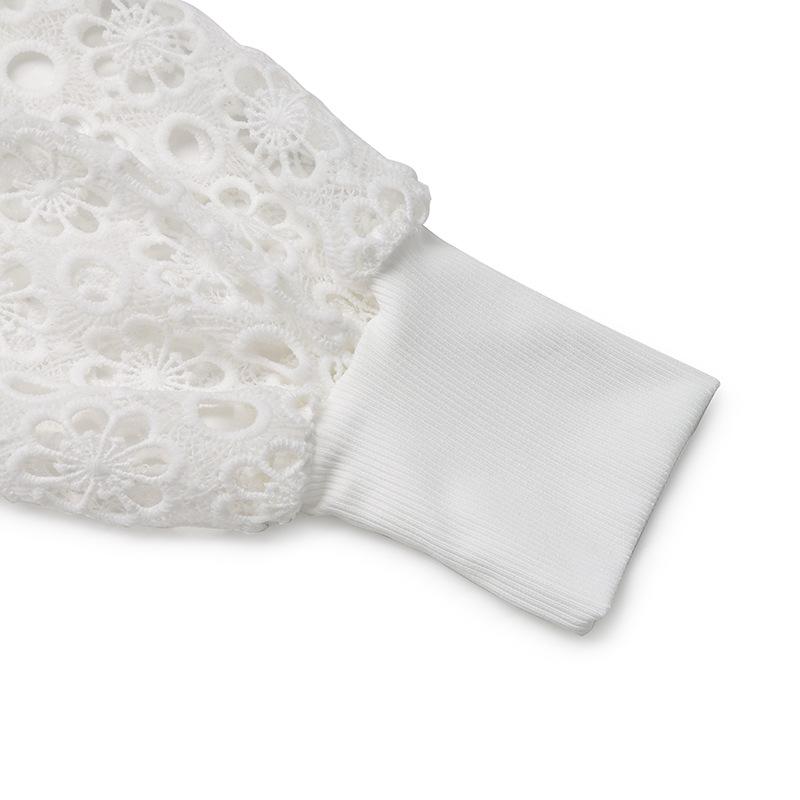 New Autumn Casual Dating Retro Minimalist Style Lace White Long Sleeved T-shirt Top for Women