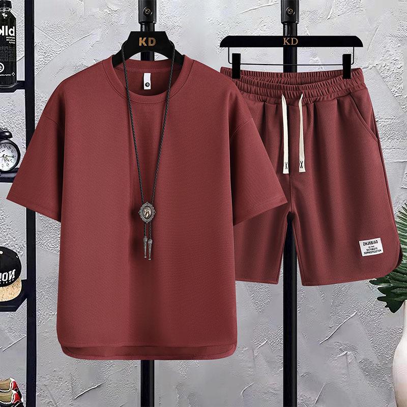 Men's Korean Summer Waffle Short-Sleeve T-Shirt & Casual Sports Two-Piece Set