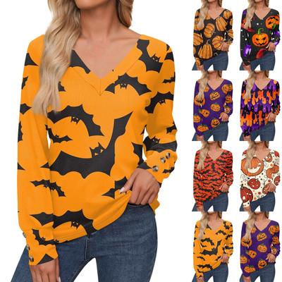 Women's Tops Halloween Printed Long Sleeve Shirt V Neck Casual Loose T-Shirt Autumn Clothing