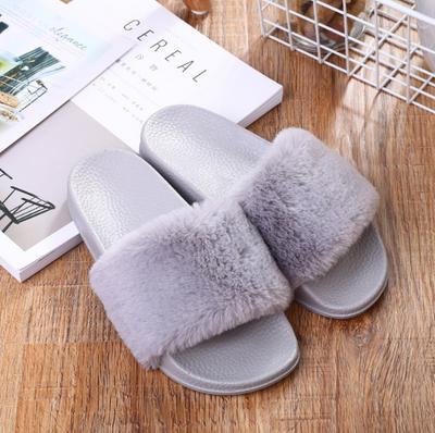 New Summer Fluffy Slippers Women's Fashion Indoor Flat Slippers One-word Drag Solid Color Plush Slippers Outer Wear