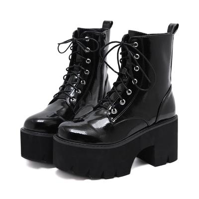 Fashion Women's Side Zipper Platform Boots Comfy Round Toe Lace Up Shoes Fashion Solid Color Comabt Boots Chunky Heels