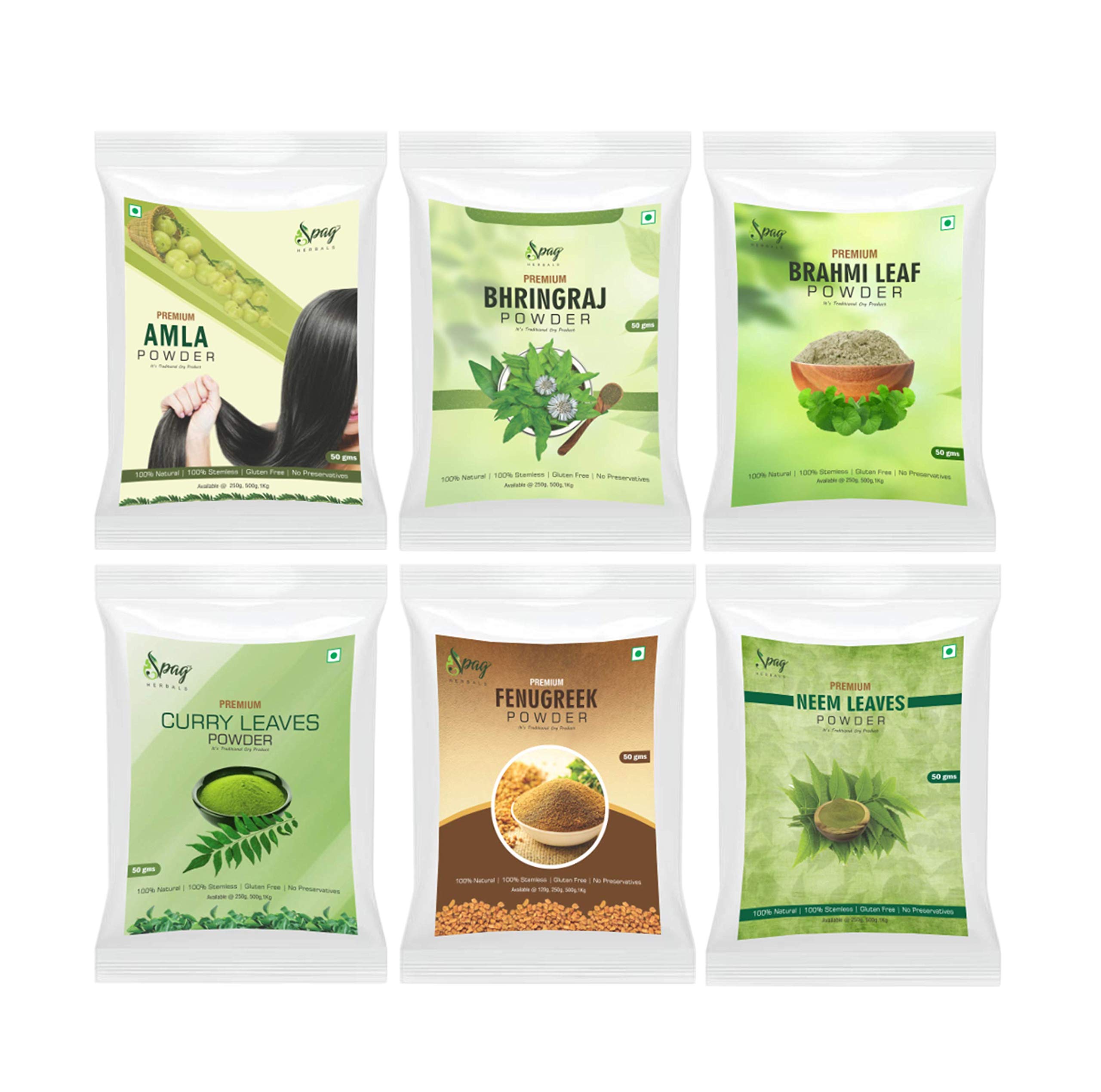 Spag Herblas Organic Premium amla, bhringraj, brahmi leaves, curry leaves, methi and neem leaves powder for hair care 300gms (50g x 6)