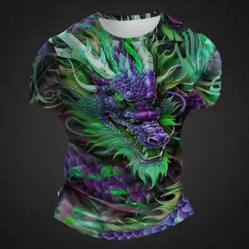 Summer Round Neck 3D Dragon Print Top Fashionable Casual Short Sleeved Men's T-shirts