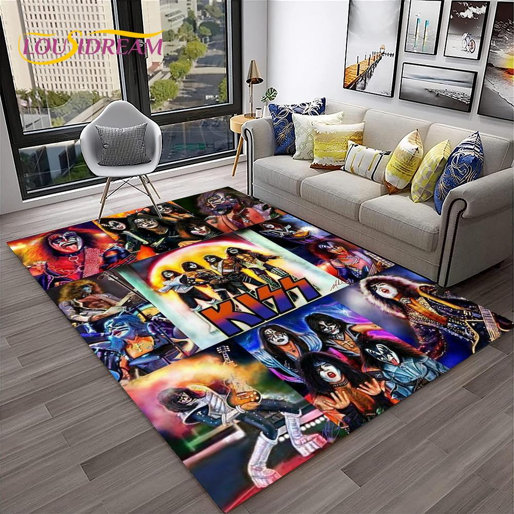 Retro Koberec KISS Rocková Kapela pro Domácí Obývací Pokoj Ložnici Hernu Pohovku Kuchyňskou Rohožku Dekor, Dětský Koberec Protiskluzová Podložka na Podlahu