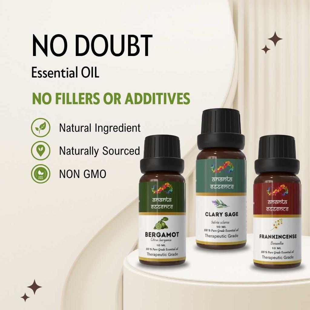 Ananta No Doubt Essential Oil Combo – Bergamot, Clary Sage & Frankincense Aroma Oils (10 Ml × 3)