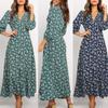 Floral Print Maxi Dress for Women Long Sleeve V Neck High Waist A Line Long Dress Casual Wear for Beach Weddings Parties