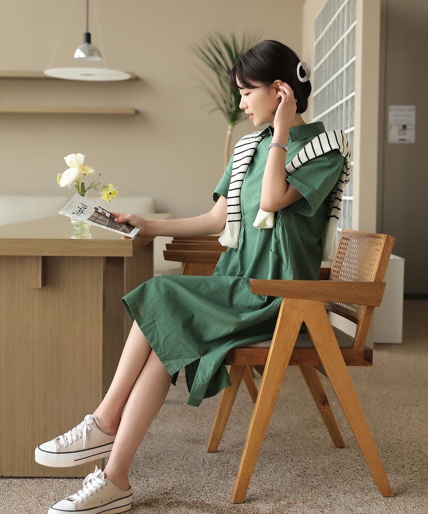 Ppaeppae Side Banding Collar Neck Linen Touch Midi Dress