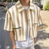 INCERUN S-5XL Men Lapel Neck Short Sleeve Striped Print Casual Oversized Cropped Tops Shirts