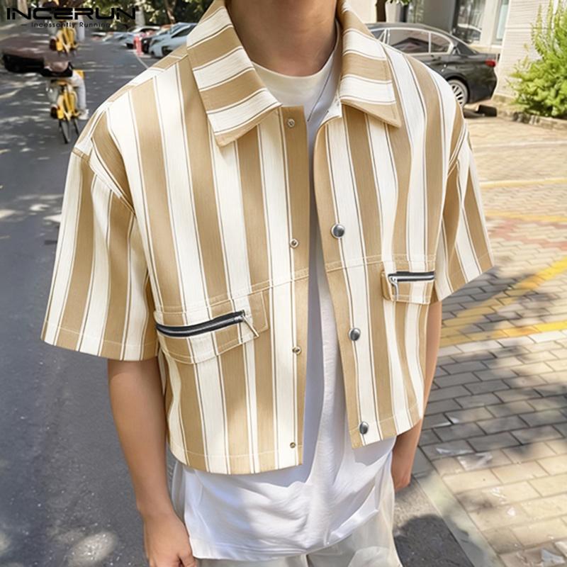 INCERUN S-5XL Men Lapel Neck Short Sleeve Striped Print Casual Oversized Cropped Tops Shirts