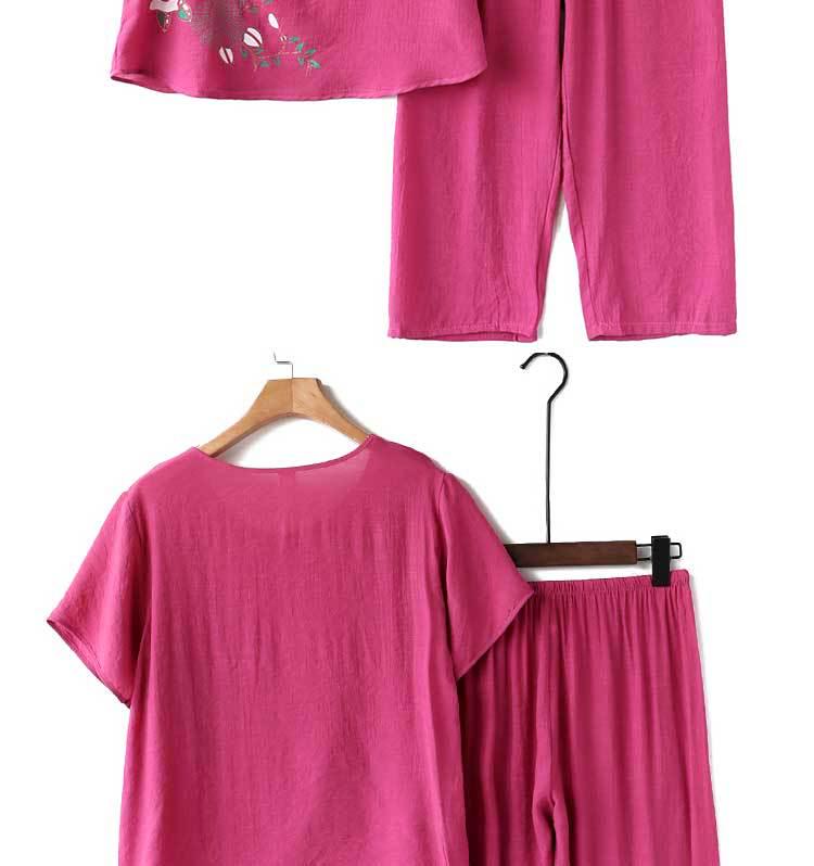 Senior Women's Cotton Linen Pajama Set: Short-Sleeved, Two-Piece Summer Outfit for Moms and Grandmas