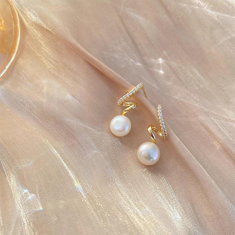 French Curve Gold Pearl Stud Earrings with Micro-inlaid Zirconia - 2025 Luxury Style