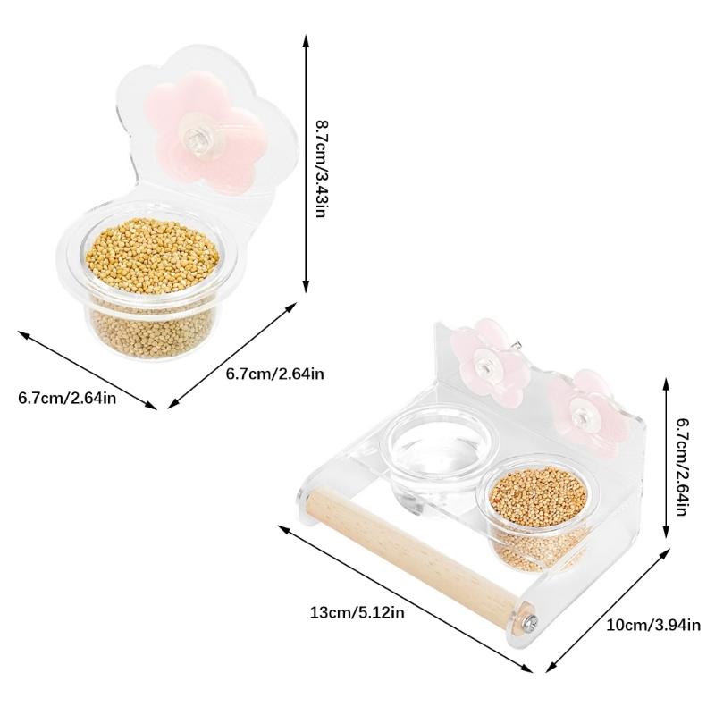 Clear Hanging Double Bowl Bird Food Dispenser And Drinking Cup with Perch Wood Rod For Small Birds Parakeets Finches