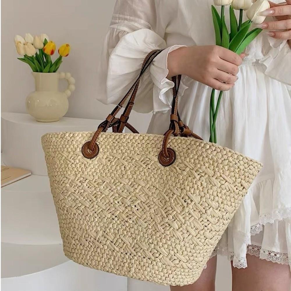 Summer Handmade Straw Woven Basket Bag Simple Design Large Capacity Vacation Handbag Stylish Shoulder Bag