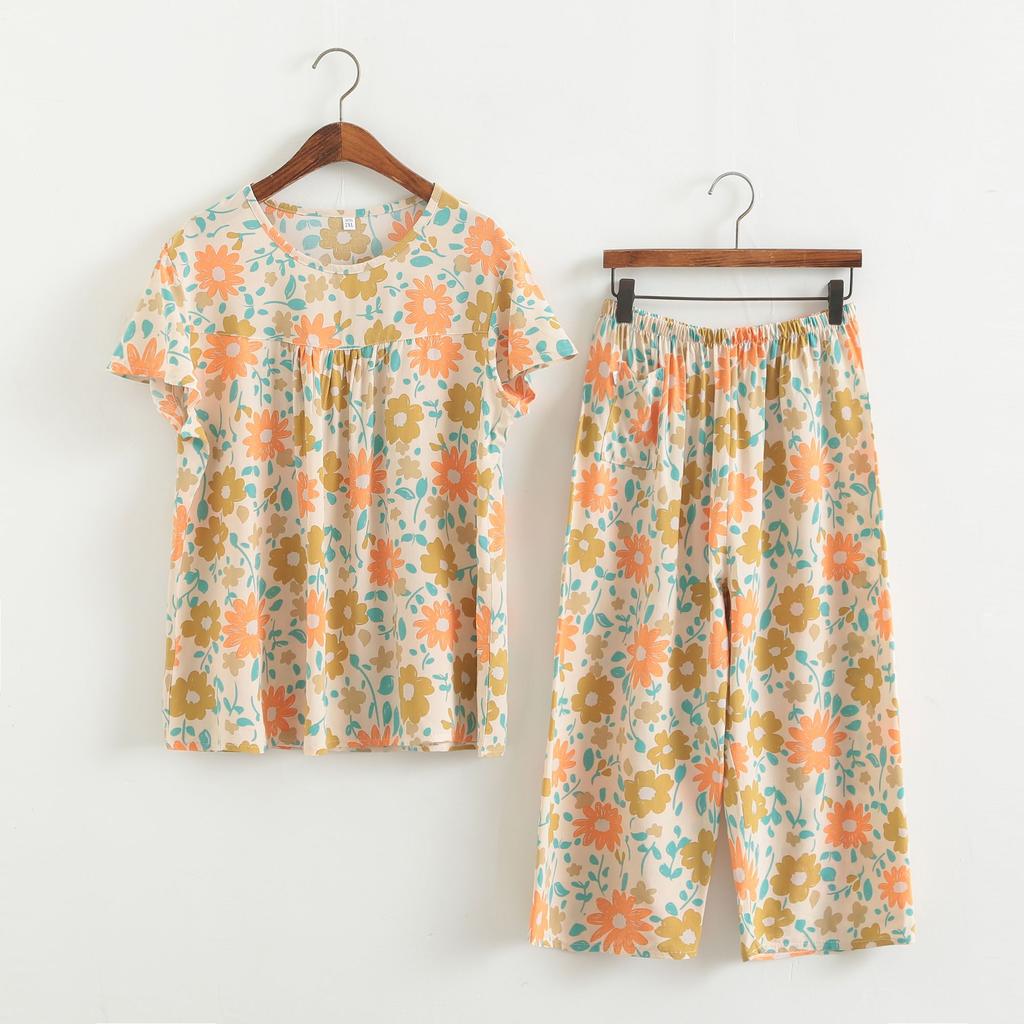 Baumwollseidenset Kurzarm-Caprihose für Damen mittleren Alters und ältere Frauen im Sommer, dünnes Oberteil, cooles Zuhause