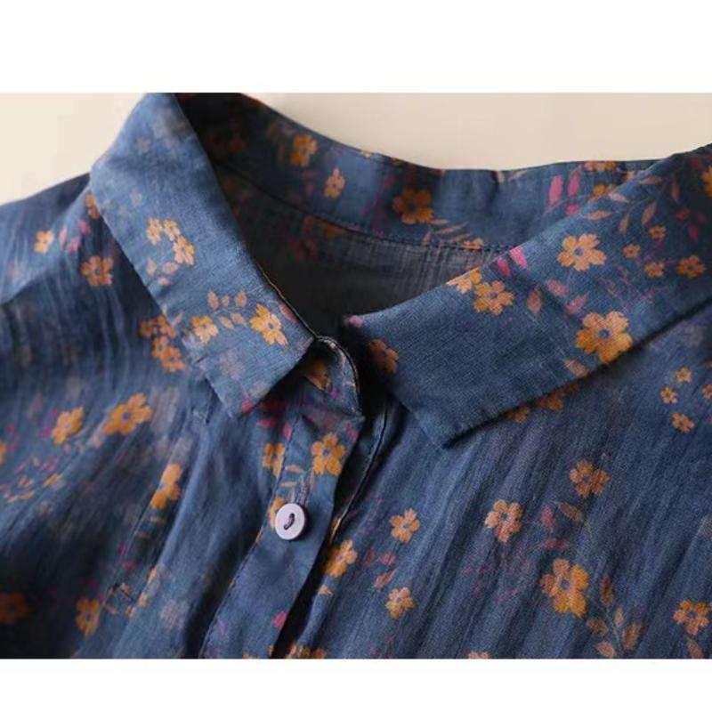 Summer Short Sleeve Shirts Women Lapel Floral Print Cotton Linen Blouse Ladies Pocket Shirt