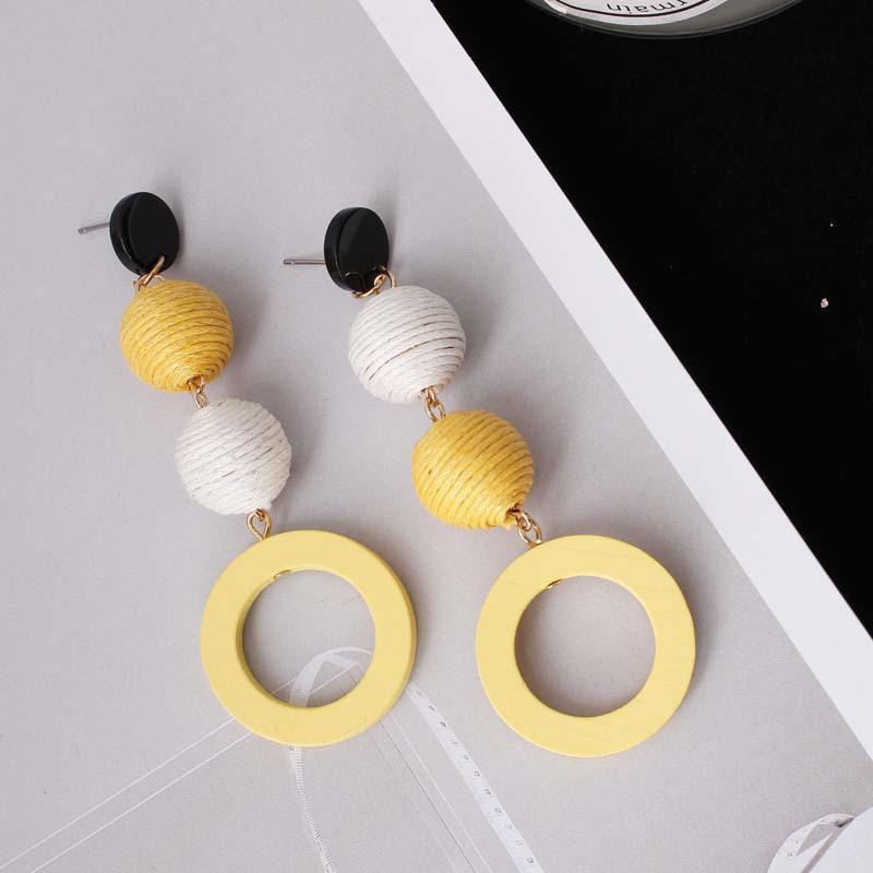 Minimalistic Hemp Rope Ball Dangling Drop Earrings for Women Yellow Color Sweet Cut Out Circle Statement Ladies Jewelry Earrings