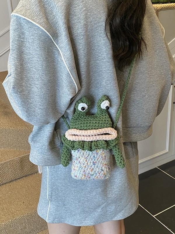 Cartoon Frog Handcrafted Cotton Shoulder Bag With Fun Style For Casual Outings