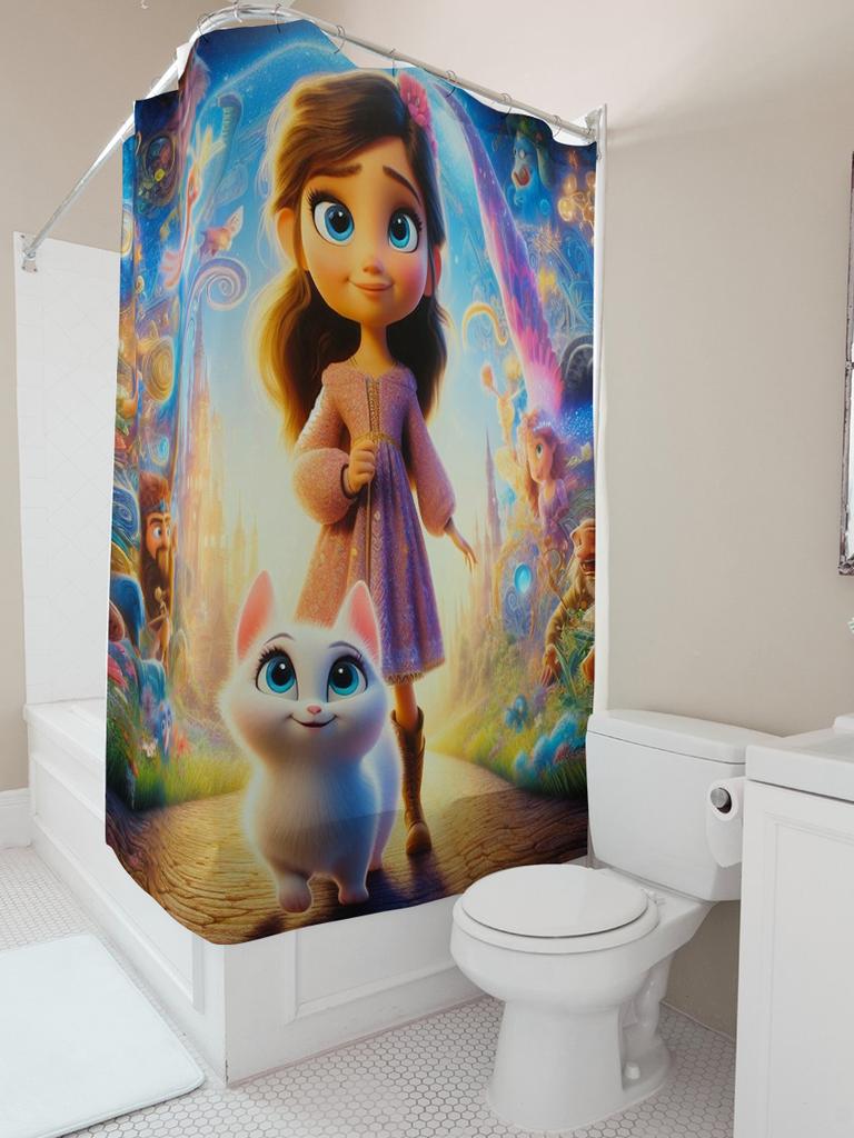 Magical Princess and Cat Shower Curtain | Fantasy Kids' Bathroom Decor