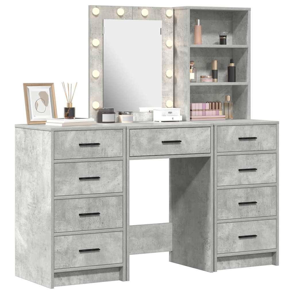 Makeup Table with Mirror Lighting 3 pcs Grey Particleboard
