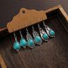 3 Pairs of Retro Hollowed Out Flower Inlaid Turquoise Water Droplet Pendant Geometric Earrings, Fashionable and Versatile