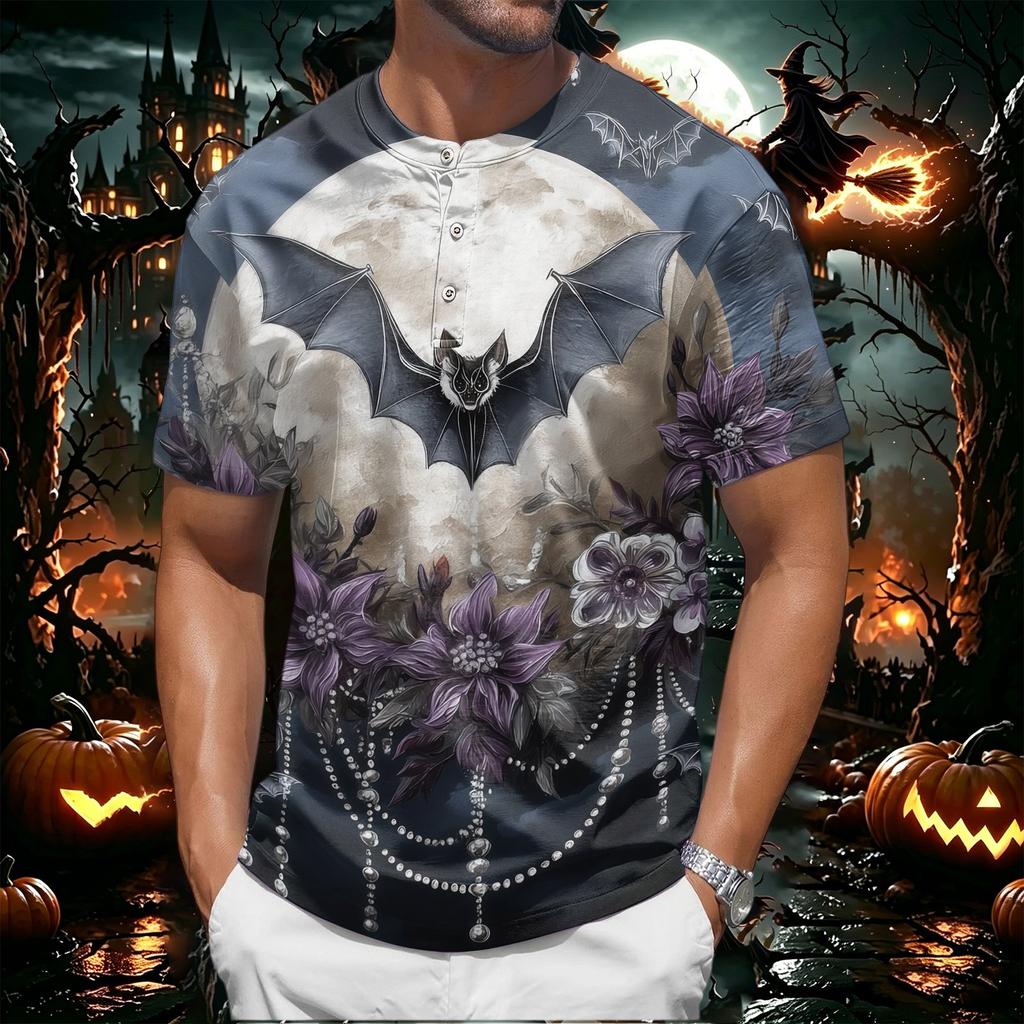 Men's Halloween Print Henley Short Sleeve Shirt Casual Lightweight Breathable Top with Button Front Design for Everyday Wear