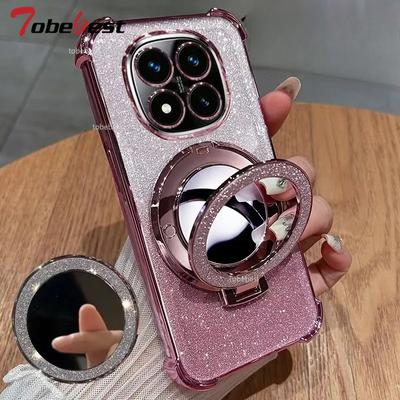 Glitzer Stoßfeste Silikonhülle Für Xiaomi Redmi 14C Note 14 Pro Plus 4G 5G Spiegel Magnetischer Halter Ständer Weiche Hülle