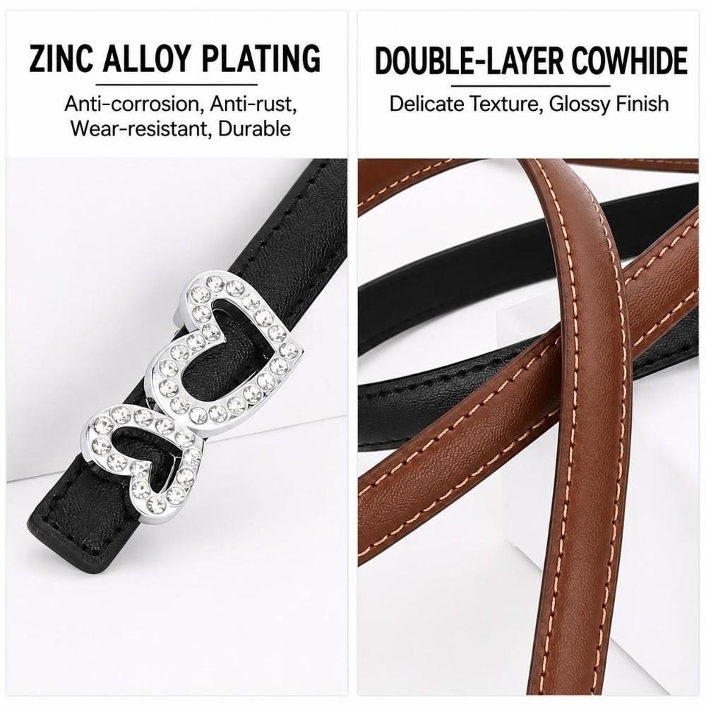 Leather Women's Thin Belt Rhinestone Heart Buckle Dress Belts Slim Waist Belt  Fashion Styling