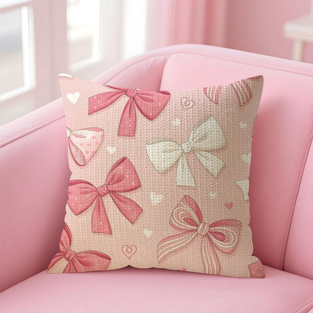 Pink Bow INS Cushion Cover Natural Linen Pillow Case DoubleSided Print Decorative Sofa Pillowcase Home Decor Gift