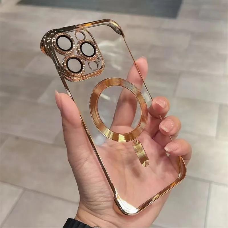 Plating Clear Borderless For Magsafe Phone Case For iPhone 15 14 13 12 Pro Max Plus Glass Lens Ultra Thin Frameless Cover For iPhone 12 Pro