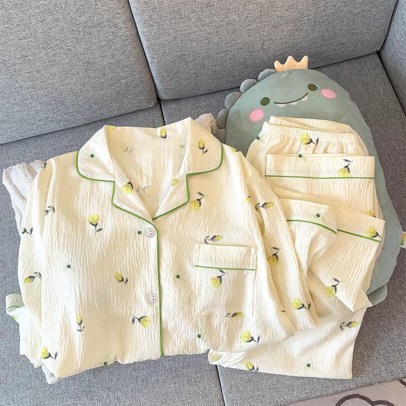Women'S Pajamas Spring Long-Sleeved Trousers Set Sweet Wind Floral Lapel Cardigan Lazy Loungewear