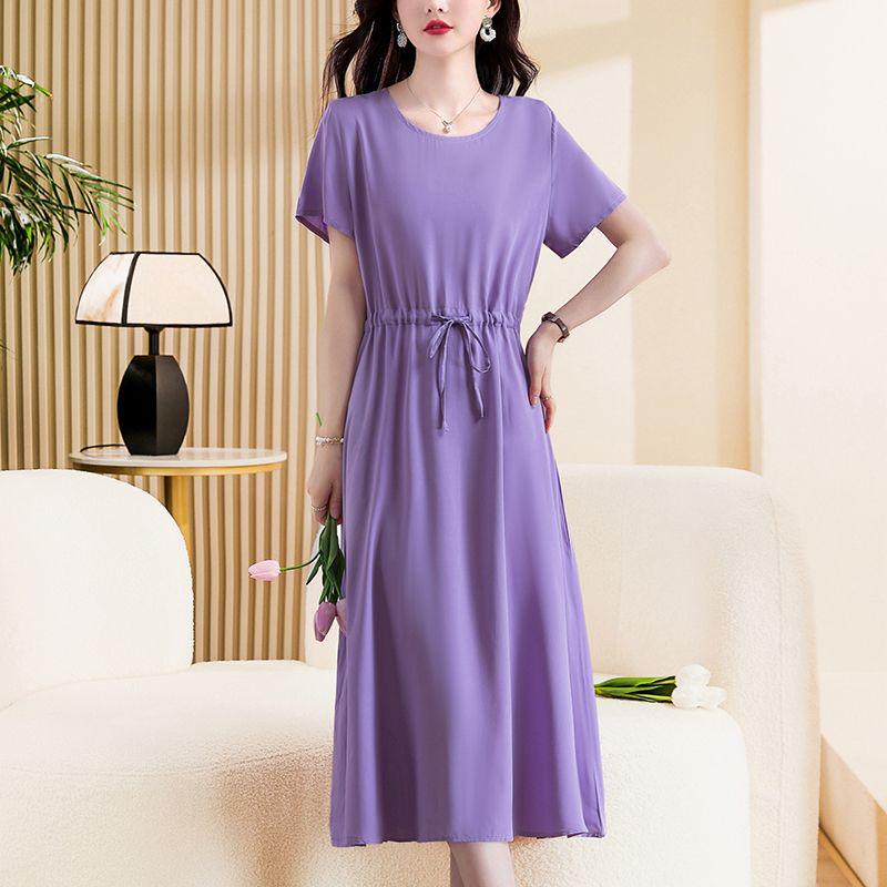 Elegant Plus Size Cotton Silk Knee-Length Dress with Waist Cinch for Middle-Aged Women