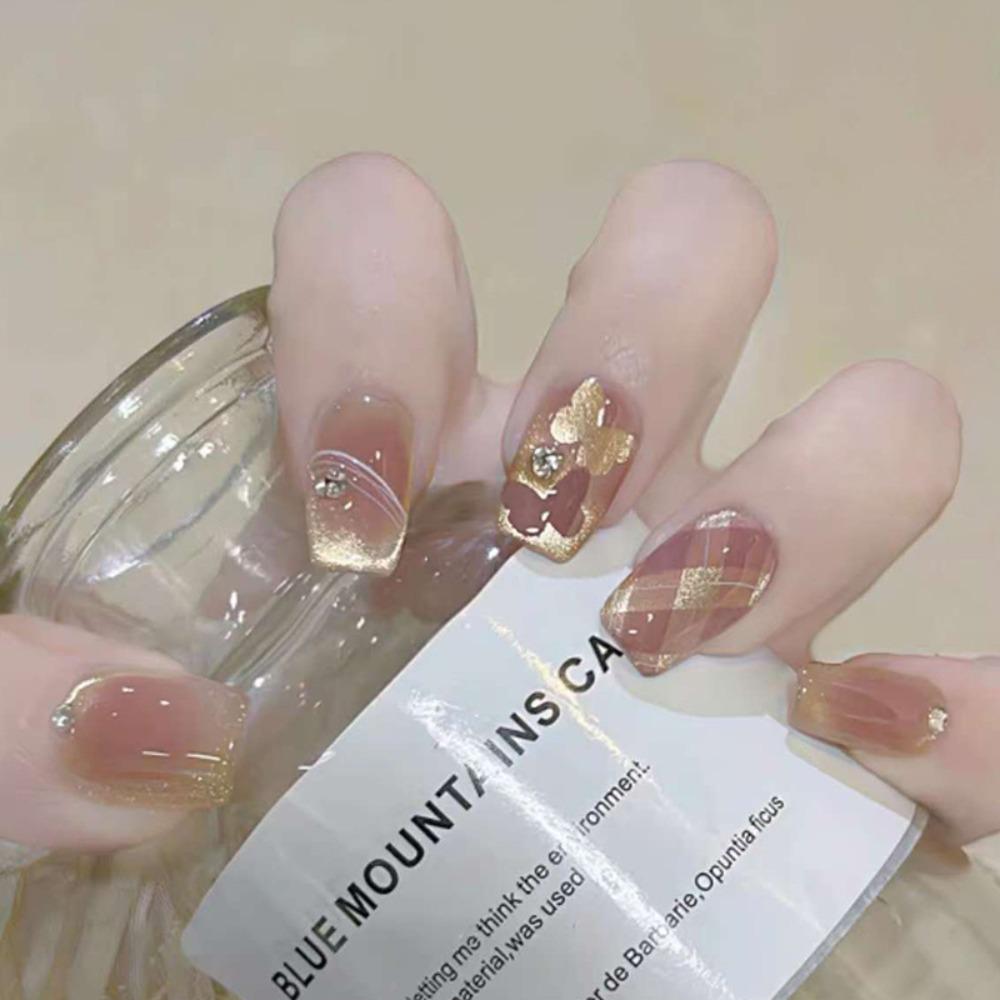 30pcs Short Ballerina False Nails Cat Eye Shining Slices French Fake Nails Polka Dots Checkered Golden Butterfly Press On Nails