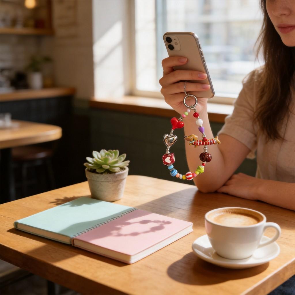 Small Novelty Red Striped Dog Phone Lanyard With Colorful Beads And Flower Design For Kids And Adults