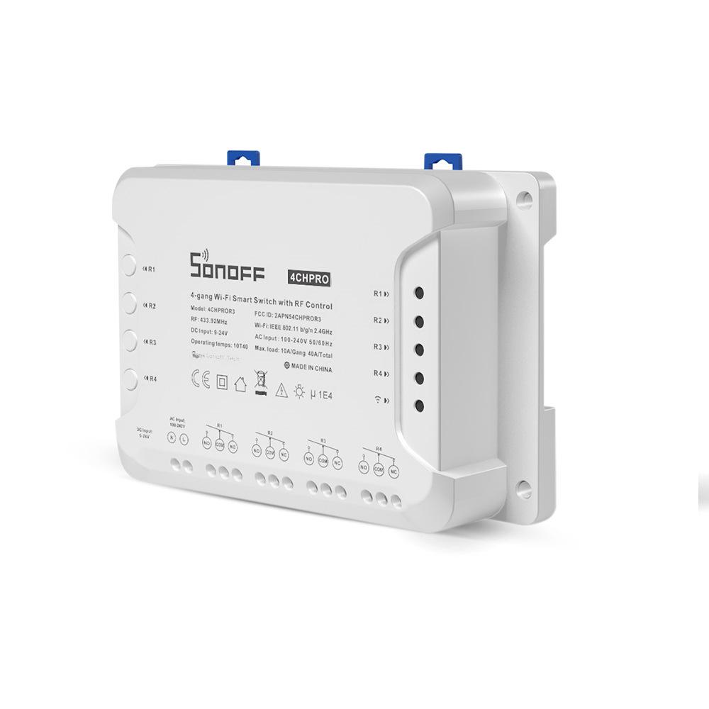 Sonoff 4CH PRO R3: Upgraded 4-way Smart Switch with Voice Control for Home Automation.