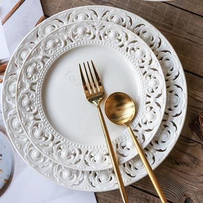 Hollow Out Relief Ceramic Plates Light Luxury Restaurant Steak Plate Home Afternoon Tea Dessert Snack Plate Exquisite Tableware