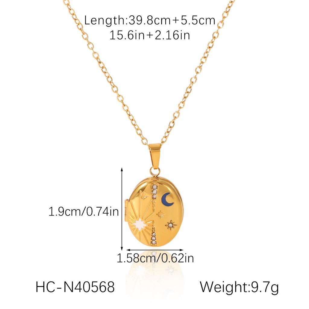 8-pointed star moon diamond-encrusted magnetic photo locket pendant stainless steel necklace, premium clavicle chain jewelry