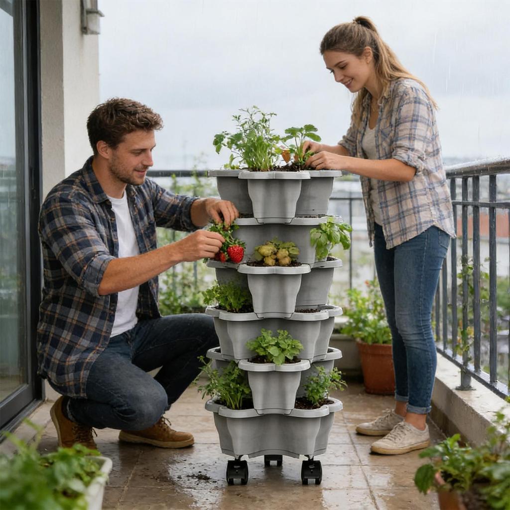 Torre Fiorita a 6 Piani con Ruote Vasi Resistenti alle Intemperie Torre Fioriera Verticale Impilabile per Interni Esterni Casa Giardino Patio Fioriera Rialzata