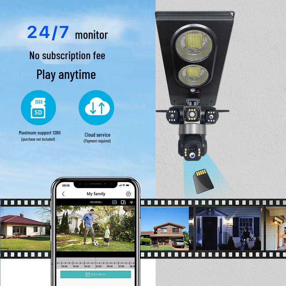 V380 Three-Screen Solar-Powered Smart Outdoor Camera with Remote-Controlled Street Light