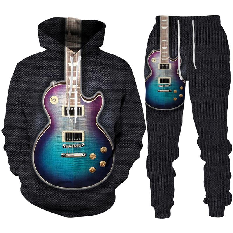 Rock Music Guitar 3D Print Hoodie/Suit Men's Tracksuit Casual Sweatshirts+Pants Set Hip Hop Streetwear Spring Autumn Clothing